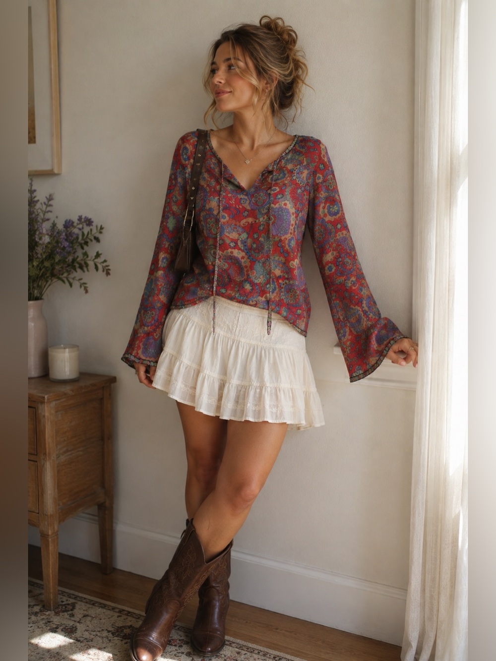 VTG Tracy Porter Red Paisley Floral Bell Sleeve Boho Tassel Top Womens Size 6-8